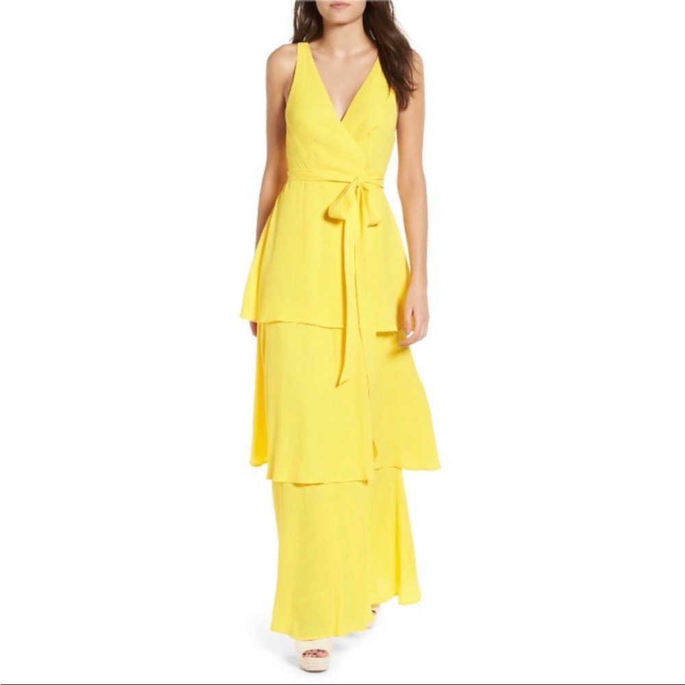 AFRM yellow tiered wrap maxi dress
